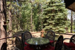 a table and chairs on a porch in the woods at Little Deschutes Wildlife Lodge - Nature's Cabin in La Pine