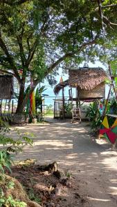 a path with a hut and trees and the ocean at Hostel Dona Helô in Maracanã