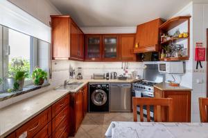 a kitchen with wooden cabinets and a dishwasher at Linos House in Atouguia da Baleia