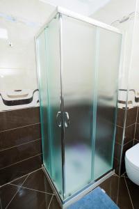 a glass shower in a bathroom with a toilet at Elena Seaview Apartment in Vlorë +5 photos