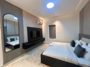 a bedroom with a large bed and a mirror at Charleys Oasis in Lagos