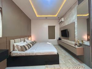 a bedroom with a large bed and a television at Charleys Oasis in Lagos