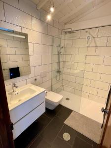 a bathroom with a sink and a shower and a toilet at Casa do Octavia in Corvo +8 photos