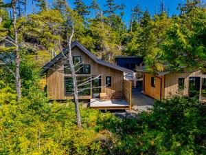 an aerial view of a cabin in the woods at Fogged Inn in Ucluelet