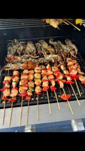 蓬塔卡纳Bluee Marine的烤架上挂着各种不同种类的串烧食物