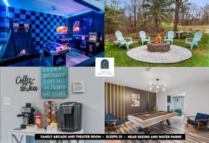 a collage of photos of a house with a pool table at Emerald Lakes Poconos Retreat Game Room, Firepit & Sleeps 10 in Long Pond