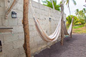 Dos hamacas colgadas de una pared de piedra en Descubre el Paraíso en Isla Isabela Apartamento a un Paso de la Playa, en Puerto Villamil
