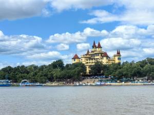 a castle on a hill next to the water at Central Street River View Apartment in Harbin