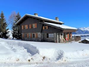 ein Haus mit einem Schneehaufen davor in der Unterkunft Chalet authentique, 15 pers, proche pistes, parking privé - FR-1-267-313 in La Toussuire