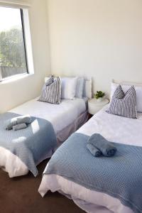 凯库拉Kaikoura Blue haven in the bay的有两张床和一扇窗户的房间