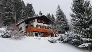 ein großes Haus im Schnee mit Bäumen in der Unterkunft Almhaus Anita in Rieding