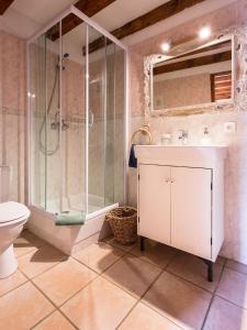 une salle de bains avec douche, lavabo et toilettes dans l'établissement Gite-Auberge de Montvilliers, à Aime