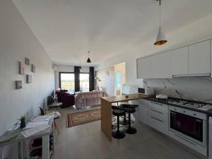IskeleにあるNice Flat in Caesarのキッチン、リビングルーム(カウンター、テーブル付)