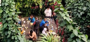 a group of people standing around a table in a garden at Kiwi Backpackers Hostel Pokhara in Pokhara