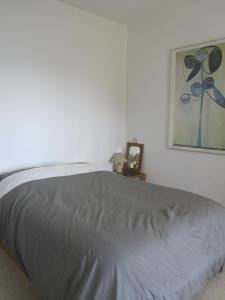 a bedroom with a bed with a gray blanket at Appartement Le Cap in Toulon