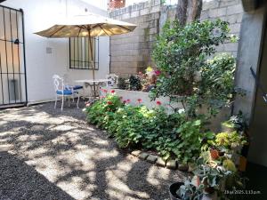 a patio with a table and an umbrella and some plants at Loft Diana - Tres Reinas Cuernavaca in Cuernavaca