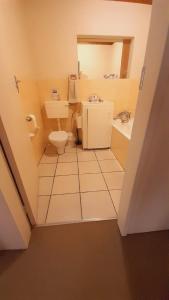 a small bathroom with a toilet and a sink at Tree Tops Guest Farm in Isidule
