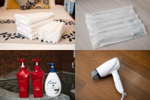 a collage of pictures of towels and a blow dryer at Hana Azusa - Vacation STAY 86863 in Yufuin