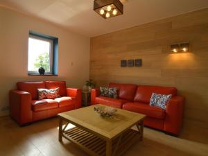 un soggiorno con divani rossi e un tavolino da caffè di Malmedy Hillside Spa Retreat a Malmedy