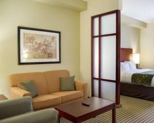 a hotel room with a couch and a bed at Comfort Suites Greenwood in Greenwood +84 photos