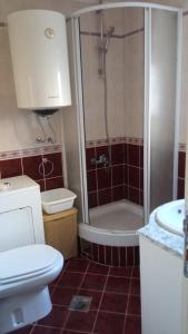 a bathroom with a shower and a toilet and a sink at Budva center apartmant in Budva +4 photos