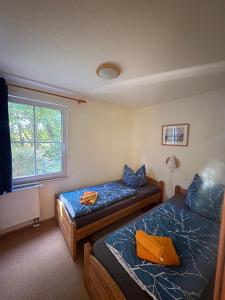 a bedroom with two beds and a window at Ferienhaus Deichkieker in Hiddensee