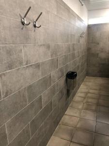 a bathroom with a shower with a tile wall at Bateau aventure in Saint-Cyprien-Plage