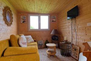 een woonkamer met een bank en een televisie bij La Tiny d'Utah Beach - Proche de la plage in Sainte-Marie-du-Mont