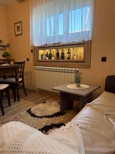 een woonkamer met een tafel met flessen op een raam bij Apartment Hristina in Dobrinishte