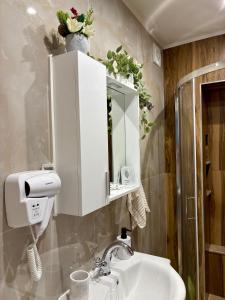 een badkamer met een wastafel en een spiegel bij Apartment Hristina in Dobrinishte