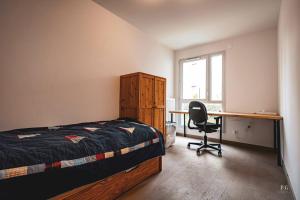 a bedroom with a bed and a desk and a chair at Le Doran - Terrasse & Vue Mont Blanc in Sallanches