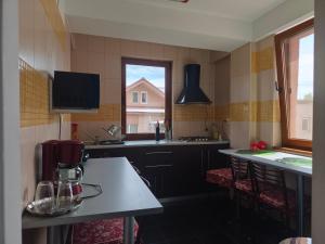 a kitchen with a table and chairs and a tv at Vila Iulia in Eforie Nord