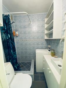 a bathroom with a shower and a toilet and a sink at Cosy Studio in Tartu Center in Tartu