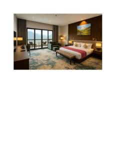 パロにあるDawa at Hilltop by Heetonのベッドとリビングルームがあるホテルの部屋