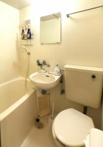 a bathroom with a toilet and a sink and a mirror at Riverside Plaza Matoba - Vacation STAY 54884v in Kawagoe