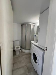 a bathroom with a toilet and a washer and dryer at 3artı1 iki katlı daire in Aglantzia +12 photos