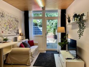 een woonkamer met een bank en een tv bij Kaiser Wilhelm - Altstadt Design Apartment in Freiburg im Breisgau
