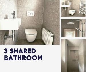 a collage of pictures of a bathroom with a toilet and a sink at New Bed-room, Nature Location,university Tilburg in Tilburg +44 photos