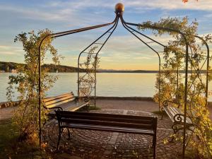 a swing with a view of a body of water at Helle Gartenwohnung, 2 min zum See, in Herrsching in Herrsching am Ammersee
