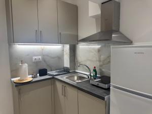 a small kitchen with a sink and a refrigerator at ALIKKIS Cosmopolitan in Stavros