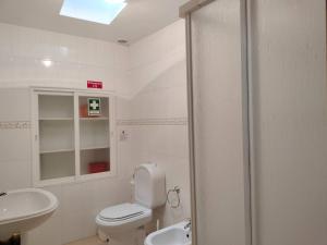 a bathroom with a toilet and a sink and a shower at Stone House in Oliveira do Hospital +12 photos