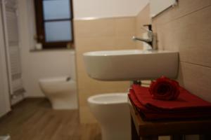 a bathroom with a sink and a toilet with a red rose at Milton House in Arezzo +10 photos