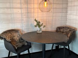 a table with two chairs and a potted plant on it at LakeLodge Kiehinen & Igloos in Rovaniemi
