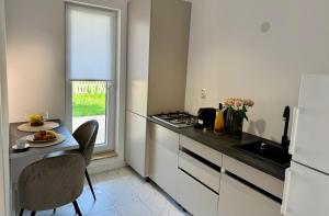 a kitchen with a counter and a table with a plate at Pluto Studio w garden Cosmopolis in Tunari