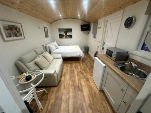 a living room with a couch and a sink and a bed at Doon Shepherds Hut in Tempo