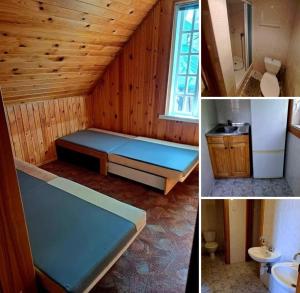a small room with a bed and a bathroom at Basanavičiaus kambarelis in Palanga