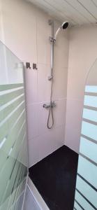 Un baño con ducha con puerta de cristal. en Lum de Dax - Clim - Centre - Spacieux, en Dax