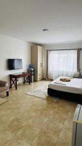 a bedroom with a bed and a desk in a room at Kiana homes lantana in Nairobi