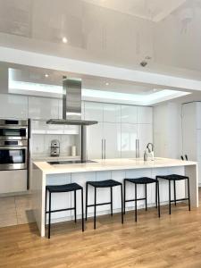 トロントにあるCamden Haus Loftの大きな島(バースツール4脚付)のあるキッチン