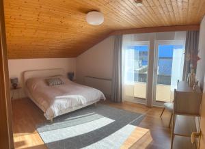 a bedroom with a bed and a large window at Schwarzwald Apartments III in Lenzkirch